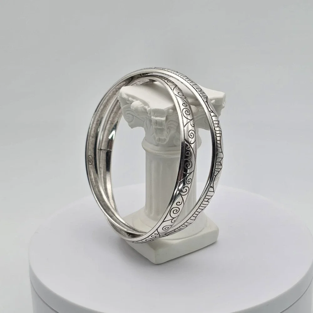 Vtg BRIGHTON 'Avenue' Bracelet Etched Double Interlocked Bangles‎ Silver Plated